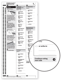 Example ballot with instruction at the bottom of the column to continue onto the next page