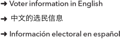 Language options example, where voters select the option that says voter information in their preferred language (shows English, Chinese, Spanish)