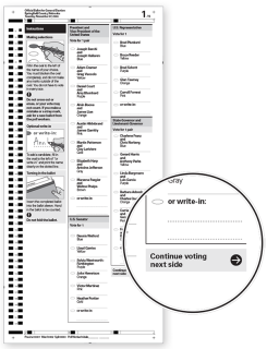 Example ballot with clear instruction to continue voting on the next page. 