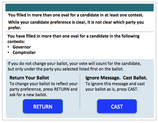 New message starts: You filled in more than one oval for a candidate in at least one contest... Voters have option to return or cast ballot
