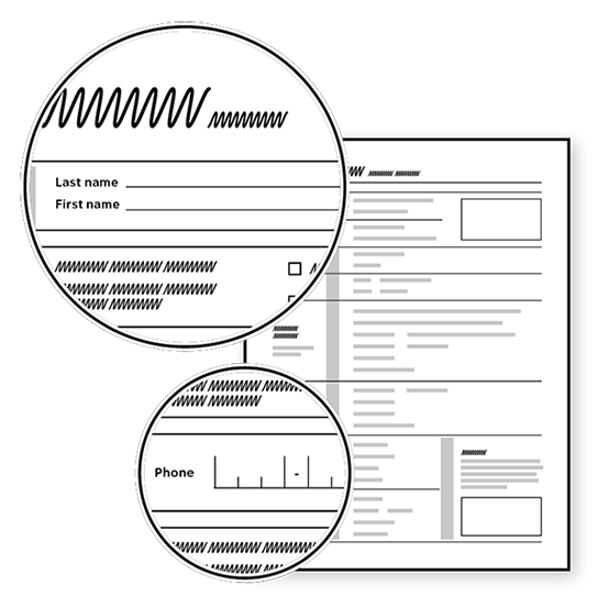 Sketch of form showing long and short fields and fields with spaces to indicate formattig