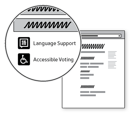 Sketch of a web site with language support and accessible voting links in the page so they are easy to find.