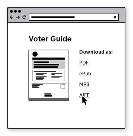 Sketch of a pages with a voter guide to download as PDF, ePUB, MP3, or AIFF