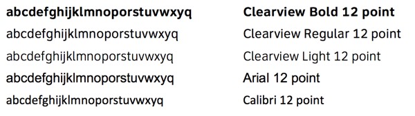 Visual comparison of the length of an alphabet in ClearView Bold, Regular, Light, Arial, and Calibri