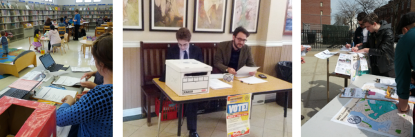 Photos of the voting tables in three different spaces.