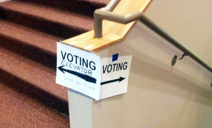 Photo with signs reading 'voting' with arrows pointing left and right