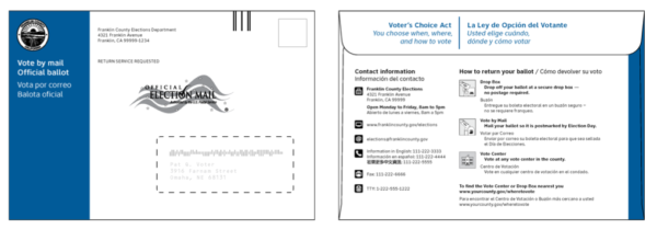 Front and back of the outgoing vote-by-mail envelopes for California.