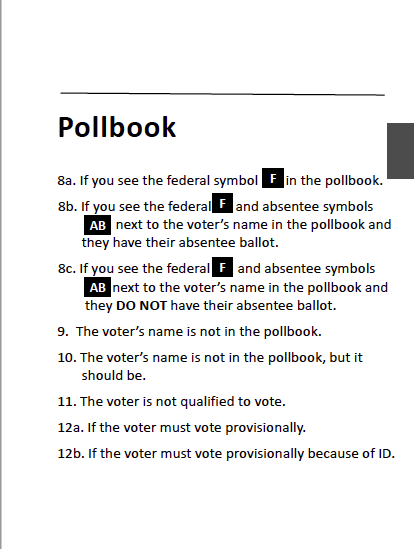 A list of the poll book problems including symbols that the poll worker might see/