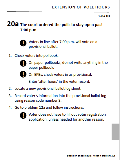A procedure, including 4 steps for handling voters during a court-ordered extension of hours