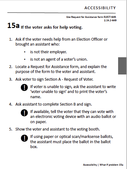 A 5 step procedure for serving a voter who asks for assistance.