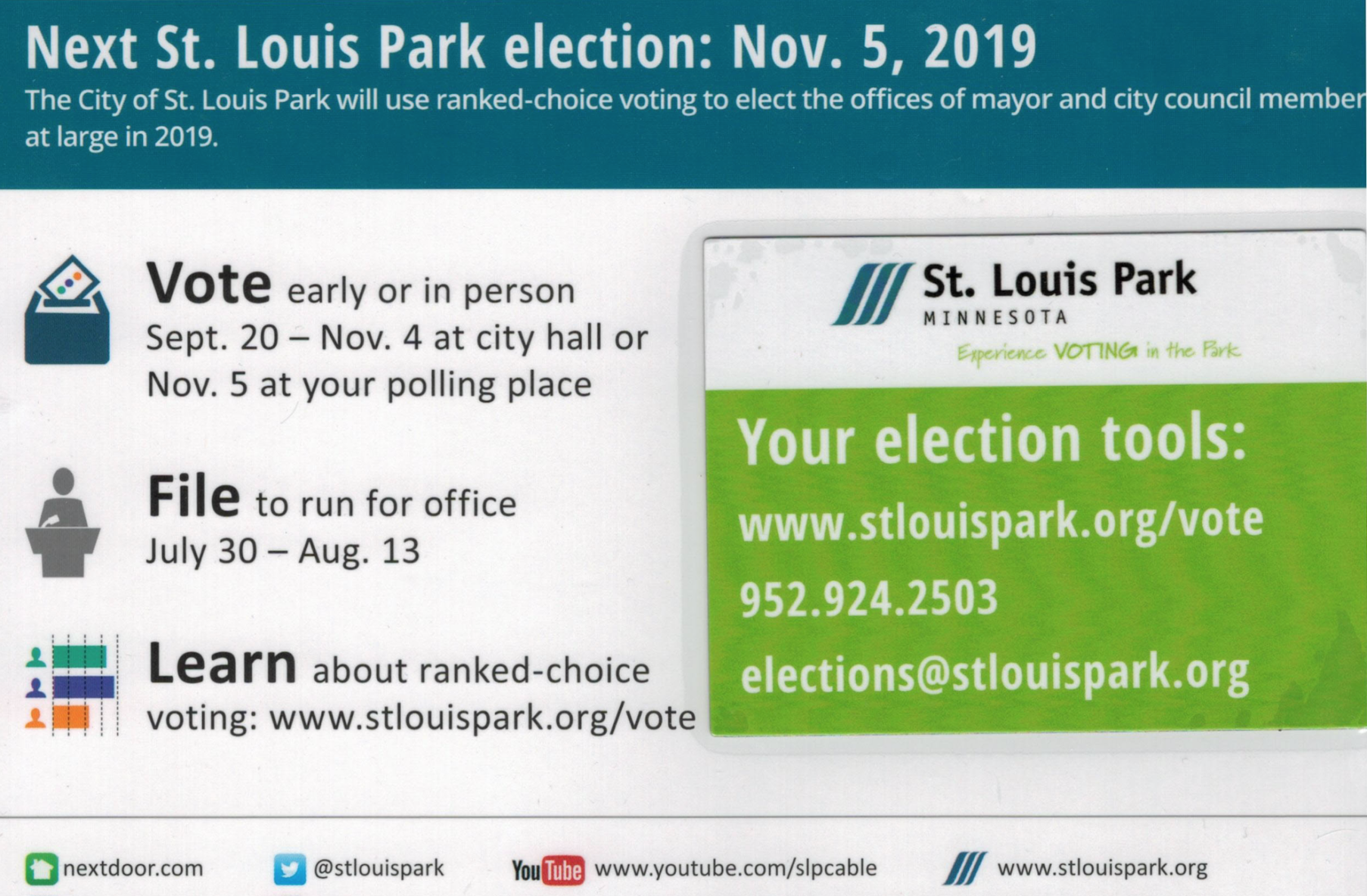 Vote early or in person. File to run for office. Learn about ranked-choice voting. Card also has a magnet card with contact info