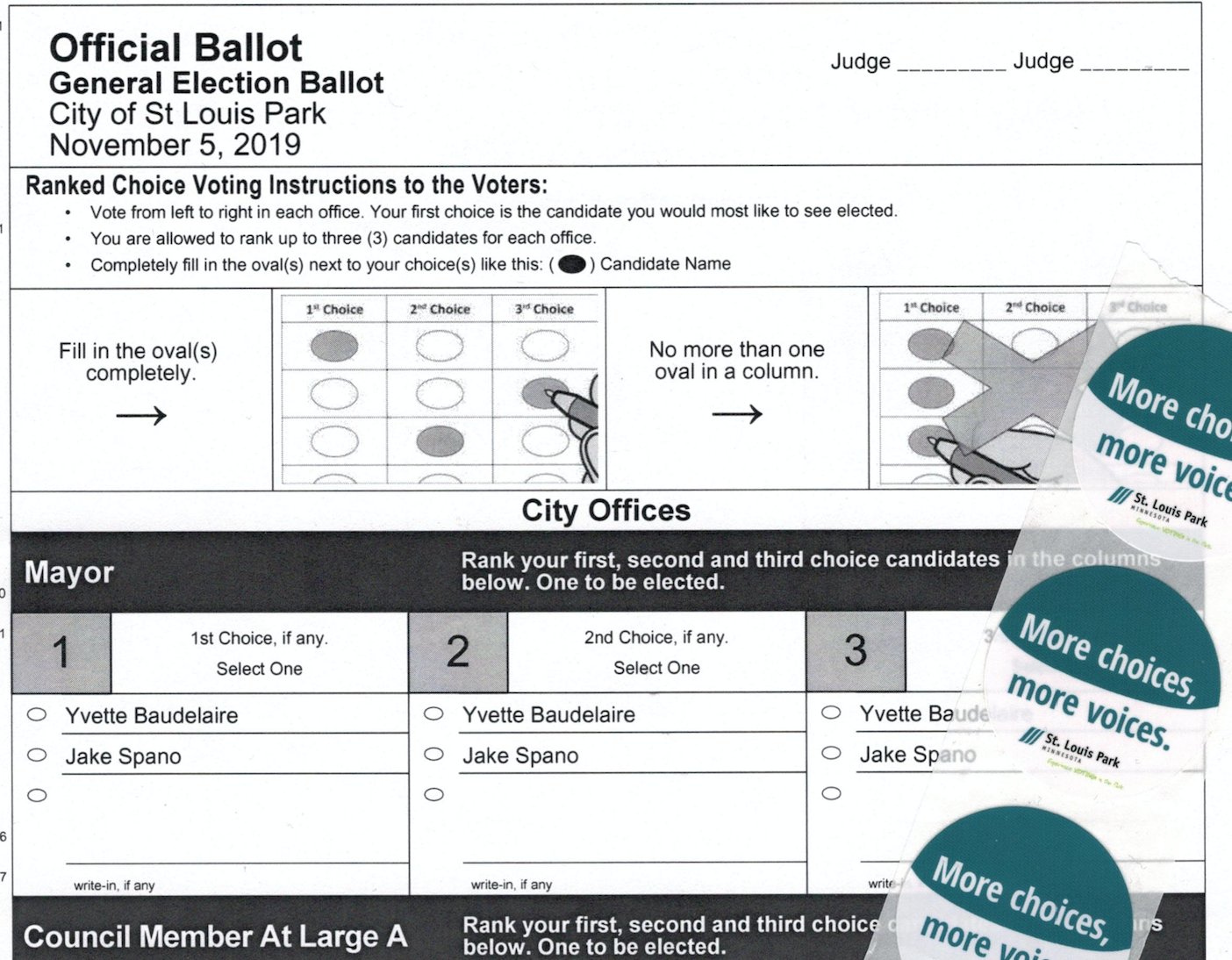 Ballot with an RCV race and stickers that stay more choices more voices