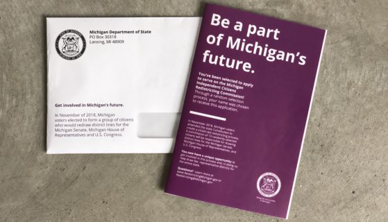 The envelope with he message to get involved and application cover saying "Be part of Michigan's future"