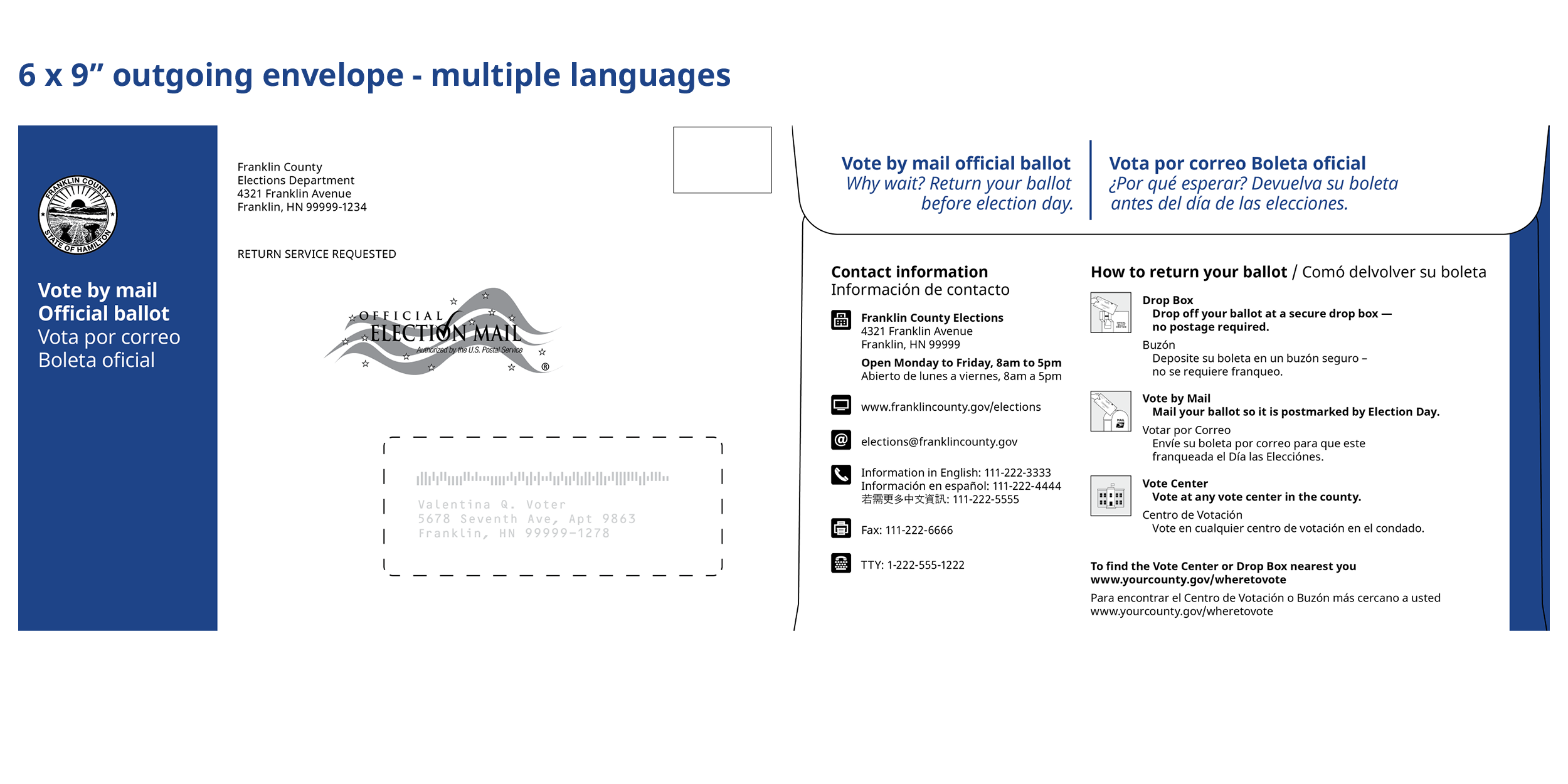 Images of front and back of outgoing envelope at 6 x 9 inches.