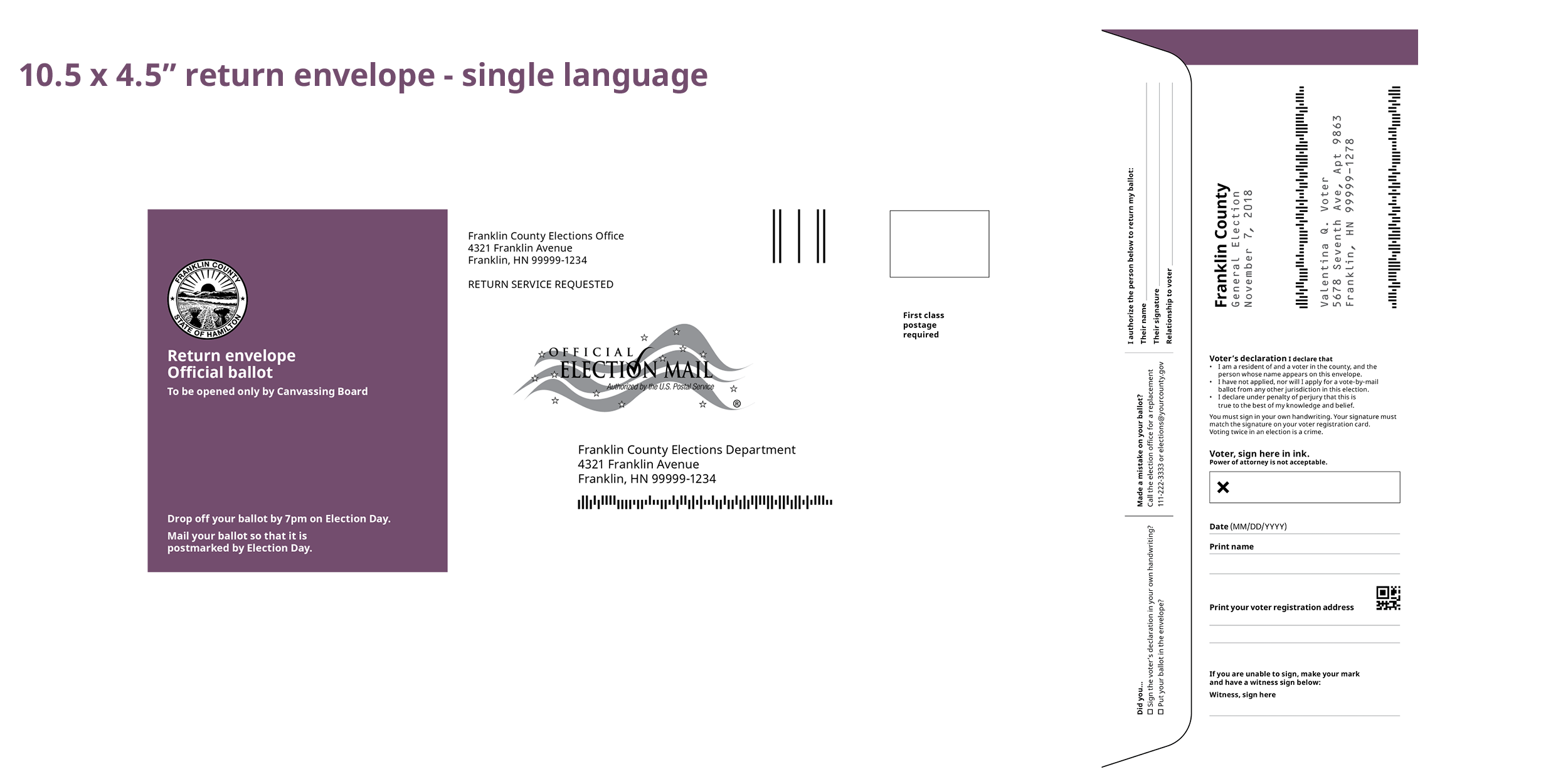 Images of front and back of return envelopes at 10.5x4.5 inches.