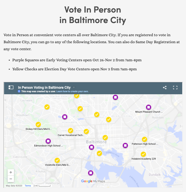 Vote In Person in Baltimore City showing early and Election Day locations on a map