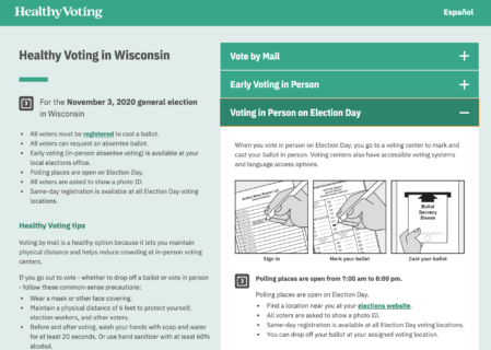 The page for HealthyVoting in Wisconsin with the Voting in Person tab open