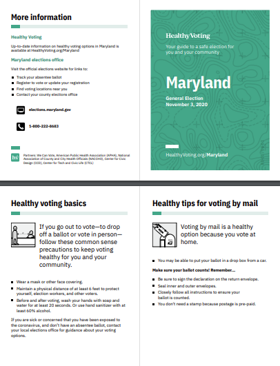 4 of the 8 pages of the pocket guide, showing the cover, contacts, healthy voting basics and healthy tips for voting by mail. 