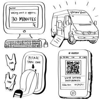 Four images showing concepts for accessible voting. They include wait times, voting vans, line numbers, and mobile voting.