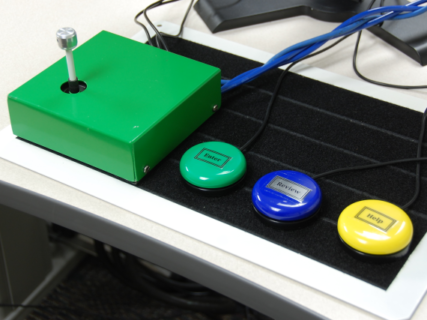 A joystick in a green box. Next to it are three switches labeled Enter, Review, Help