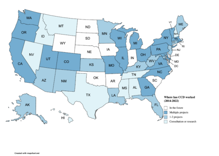 A map of the US, with states shaded in showing where CCD has worked. 20 states are dark blue, showing we've done multiple projects (3+). 13 states have done 1-2 projects. We've done research or short consultations in 7 states.