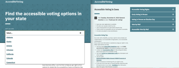 Left: home screen of AccessibleVoting.net. Right: Individual page for each state