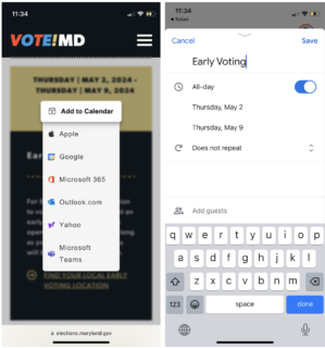 Two screen shots of  signing up for early voting on your mobile phone