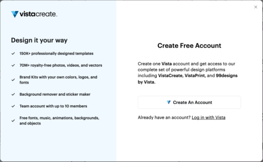 Vistacreate pop up screen with the option to either create an account, or login with an existing account.