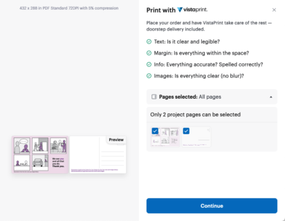 Popup screen to confirm what pages you want to print using Vistaprint. It shows that 2 pages are selected. At the bottom is a “Continue” button.