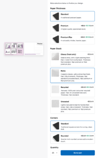 Popup to make selections about paper thickness, paper stock, corners, and quantity before finalizing the design. At the bottom is a button to “go to cart.”