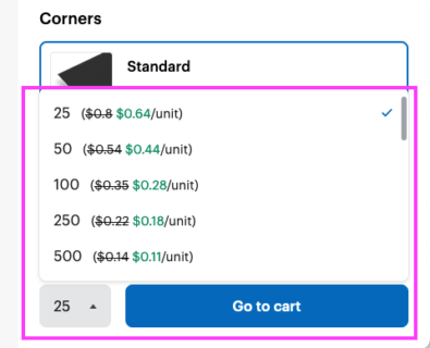 Open menu to select how many cards to print. There are different prices depending on what quantity you order. There are options for 25, 50, 100, 250, and 500 units.