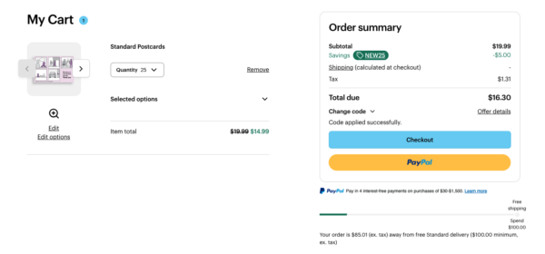 Order summary screen. Items in the cart appear on the left. On the right is the order summary with the subtotal, shipping, and tax amounts. There are buttons to checkout or use paypal.