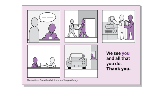 The front of the postcard has 5 illustrations of tasks that commonly happen in election offices. In each illustration, one figure is dark purple. In the corner, there is a message "we see you and all that you do. Thank you." The first "you" is a dark purple color to subtly hint that the purple figures in the illustrations are meant to represent an election official.