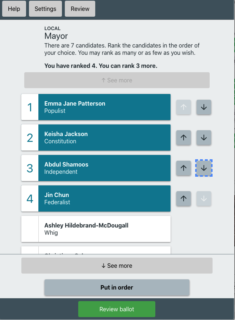 An electronic ballots showing 5 candidates. The four ranked candidates are listed in order: Emma Jane Patterson 1st, Keisha Jackson 2nd, Abdul Shamoos 3rd, and Jin Chun 4th, followed by Ashley Hildebrand-Macdougal not ranked.