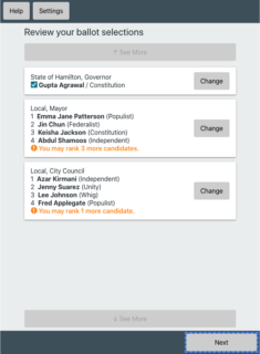 A review screen on an electronic ballot showing three contests. The contest for governor shows a single candidate selected. Then two ranked choice voting contests each shows 4 candidates in ranked order and a message for how many more candidates may be marked.