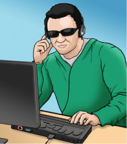 Illustration of a smiling man wearing sunglasses and a headset, sitting at a desk and using a computer, with one hand on the keyboard and the other touching his earpiece.