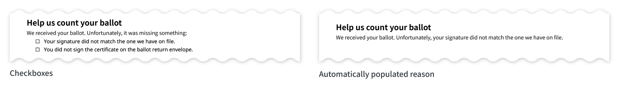 side by side comparison showing showing two versions of instructions for voters on cure mailer
