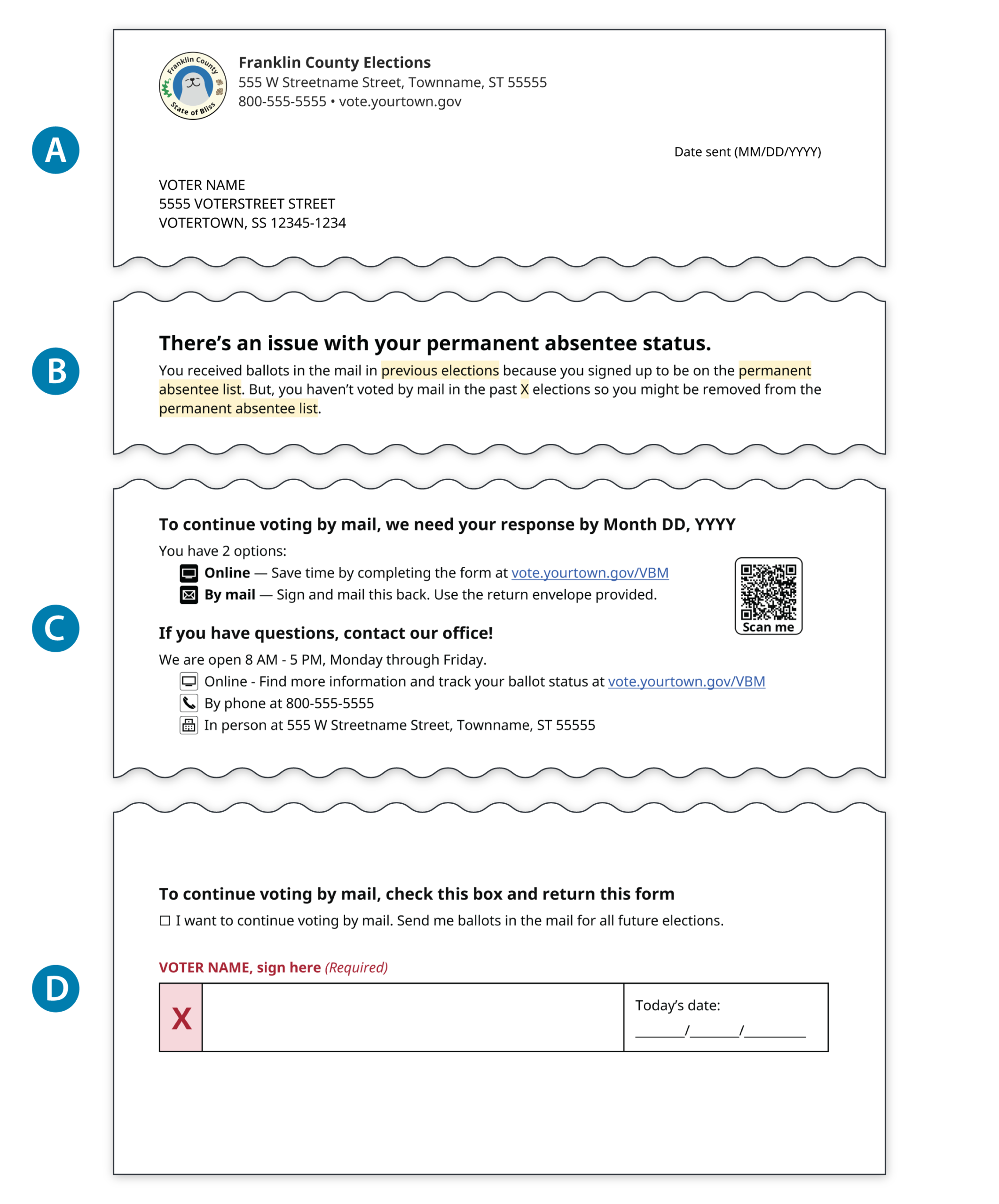 A voter response mailer showing 4 sections A, B, C, and D