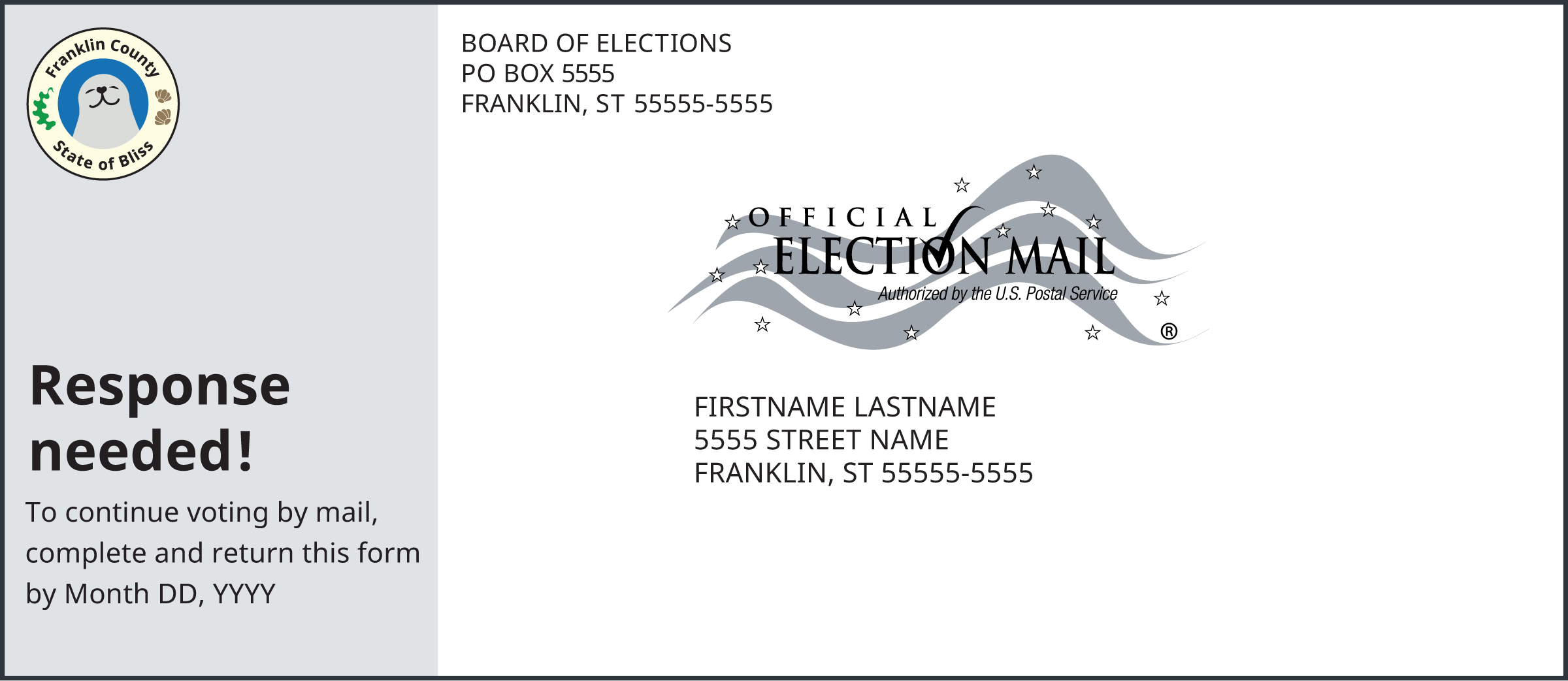 Envelope with text reading "Response needed" on the left edge below a placeholder for the office logo.