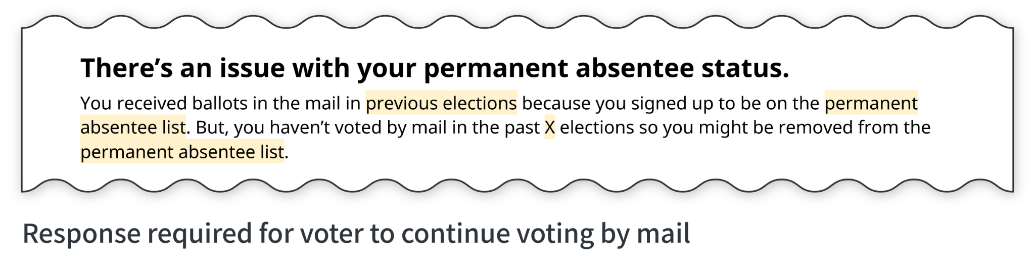 An urgent notice stating there is an issue with the voter's permanent absentee status requiring a response. 