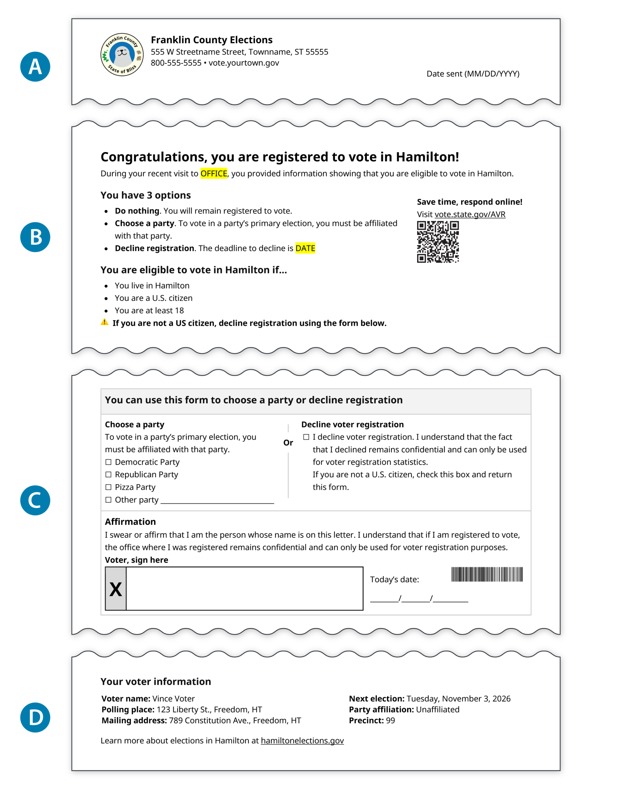 Example AVR post-transaction mailer divided into four labeled sections.