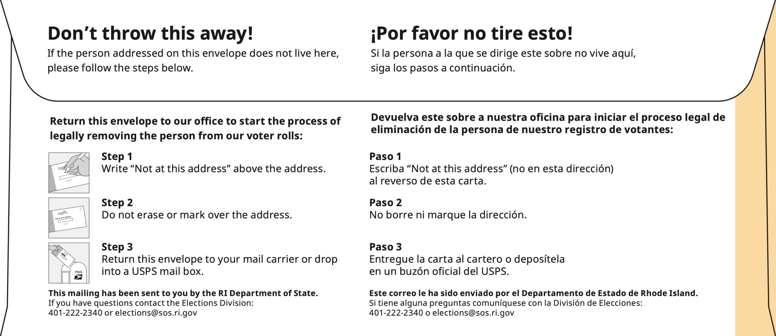 Reverse of the envelope with bilingual "Don't throw this away!" instructions