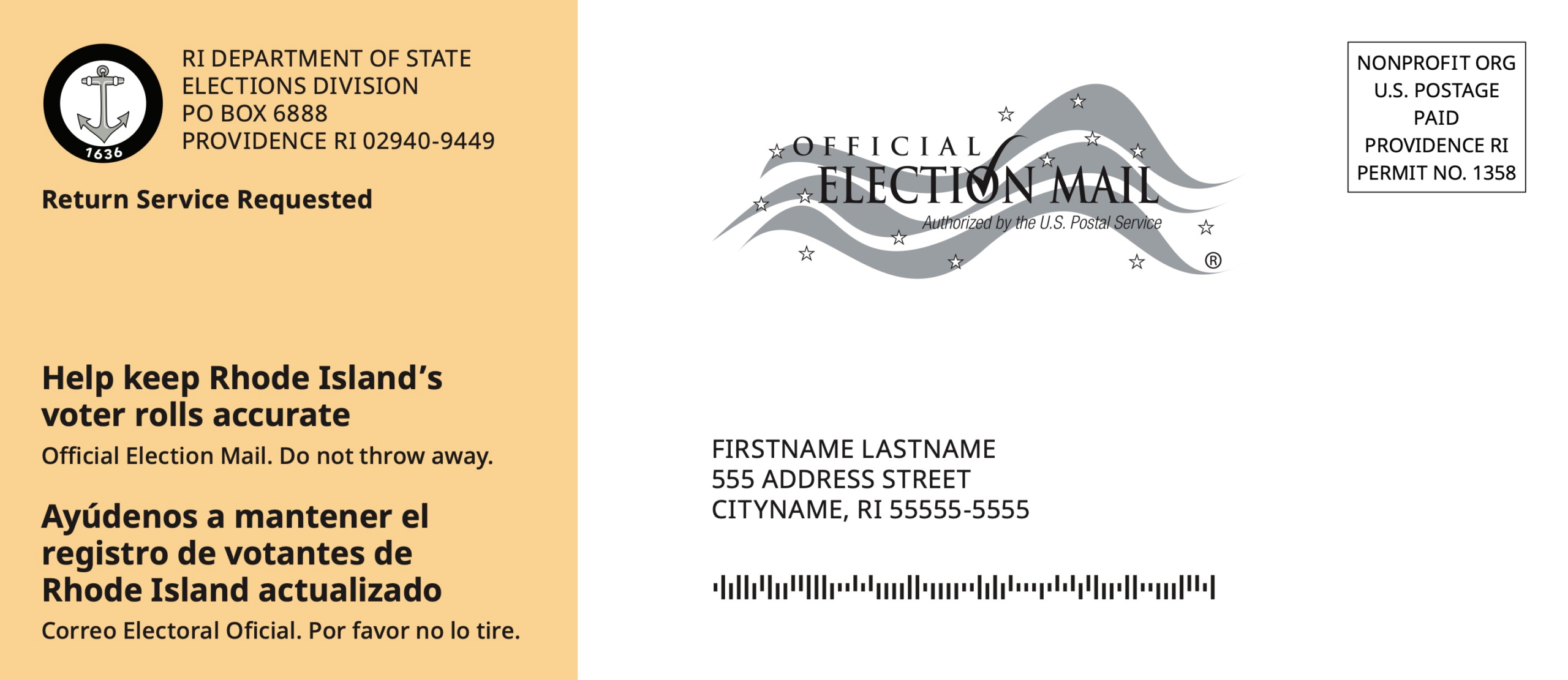 Front of a Rhode Island Department of State election mail envelope