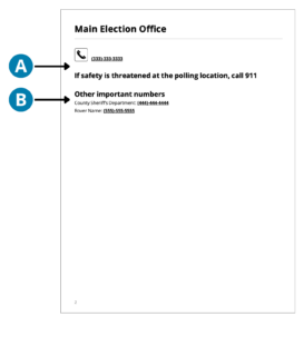 Contact page with lettered callouts that correspond to text. A points to a phone number in large print. B points to a list of other phone numbers in smaller print.