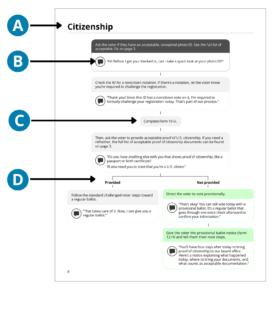 Flow chart page with lettered callouts that correspond to text. A points to the page title. B points to sample script inside of a box. C points to a small box in the flowchart that names a form. D points to where the flowchart branches in 2 directions.