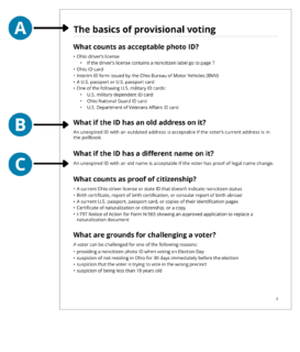 Intro page with lettered callouts that correspond to text. A points to the page title. B points to a heading written as a question in larger print. C points to an answer written in regular font. It is short.