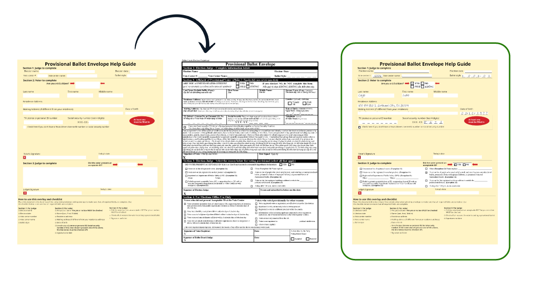 An image of a form is in the middle. On one side is an overlay form checker which is a page with holes cut out that when placed on top of the form will show critical fields. It helps users quickly scan forms to find missing information by blocking out other noise on the form.